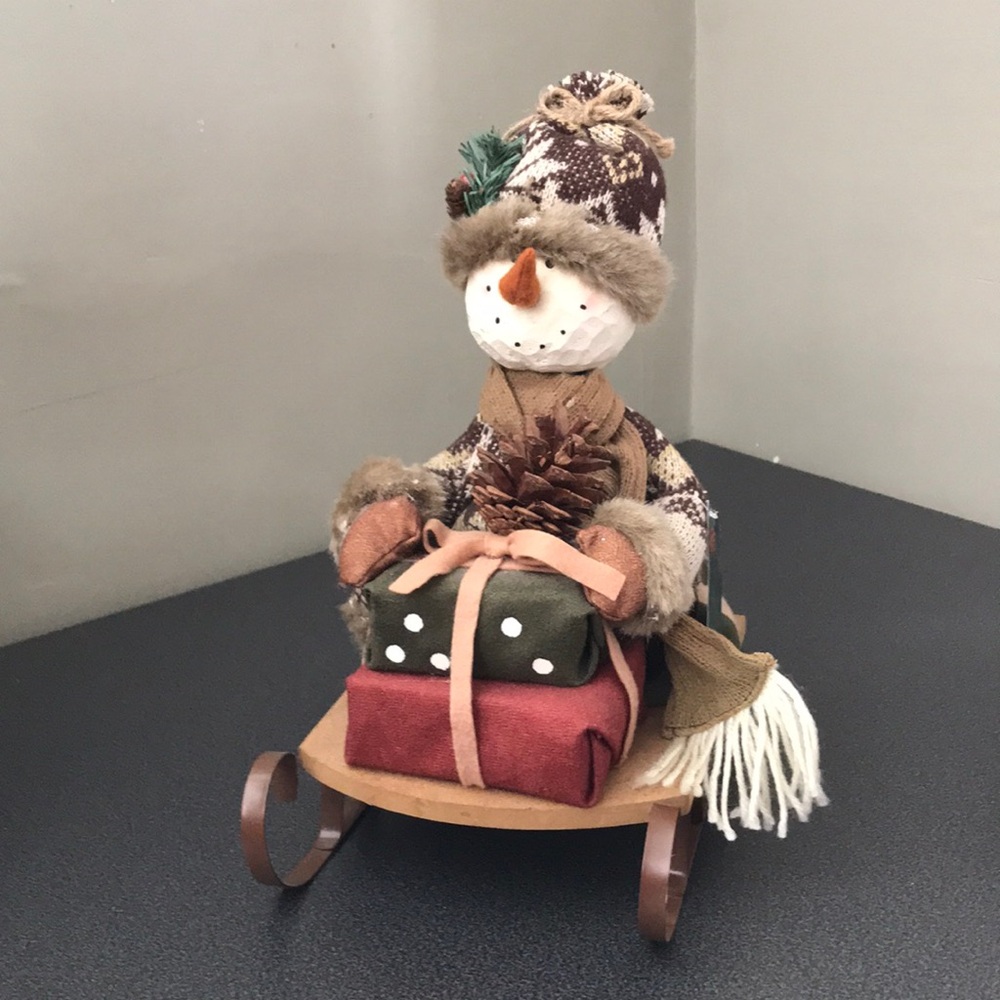 New with Tags Christmas 12" Snowman on Sled with presents Table Decoration Cute